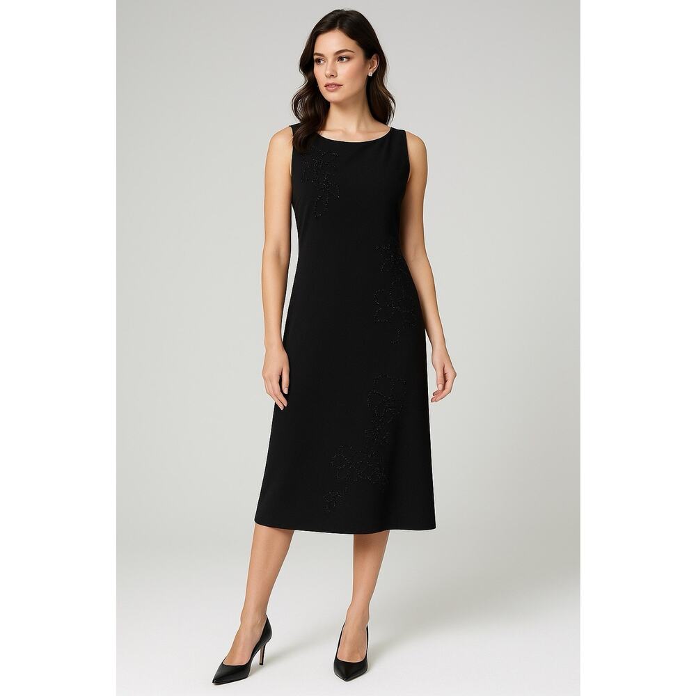 Jones Wear Black Beaded Floral Midi Dress Women’s 14 Sleeveless Elegant Y2K 90s